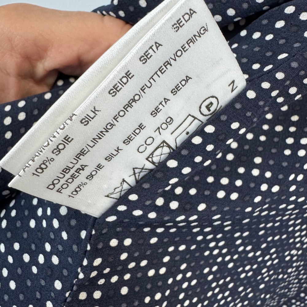 Weill Paris 100% Silk Floral Polka Dot Striped Trim Blazer Navy White Size 10 - Picture 15 of 16